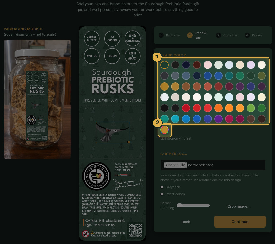 Sixty swatches, plus a colour wheel for an exact match. Numbered gold highlights mark the parts described.