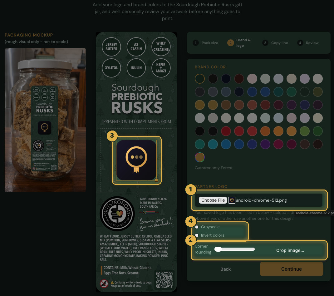 Upload, round, crop and place your logo on the label. Numbered gold highlights mark the parts described.