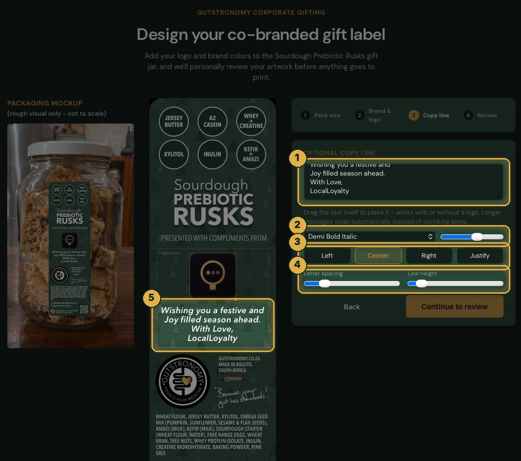 Typography controls for your message. Numbered gold highlights mark the parts described.
