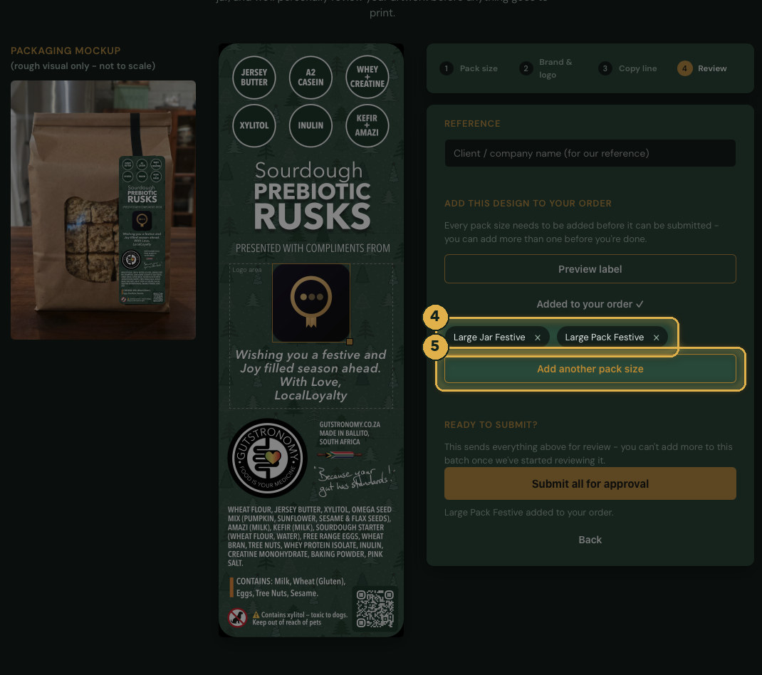Add another pack size, or submit when you're done. Numbered gold highlights mark the parts described.