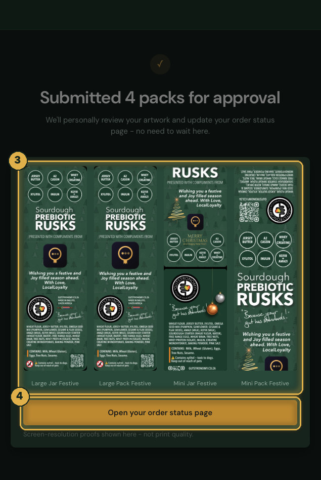 A proof of every pack, plus a link to your order status page. Numbered gold highlights mark the parts described.