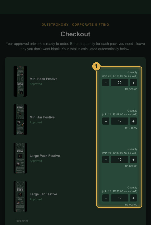 Enter a quantity for each pack you want. Numbered gold highlights mark the parts described.