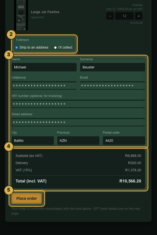 Delivery or collection, your details, and the total. Numbered gold highlights mark the parts described.