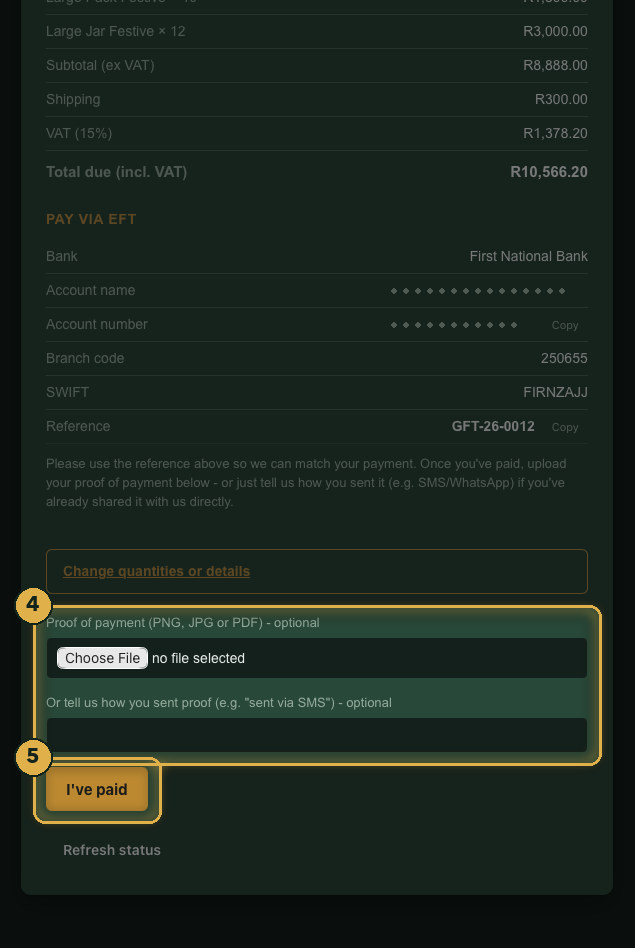 Upload proof of payment, then tell us you've paid. Numbered gold highlights mark the parts described.