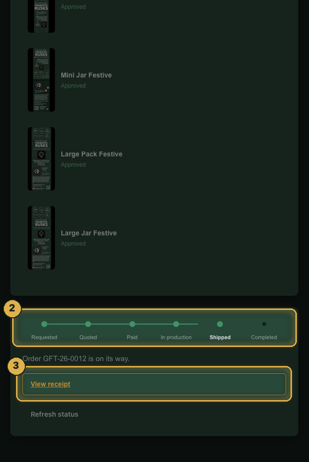 Shipped, ticked off on the progress bar. Numbered gold highlights mark the parts described.